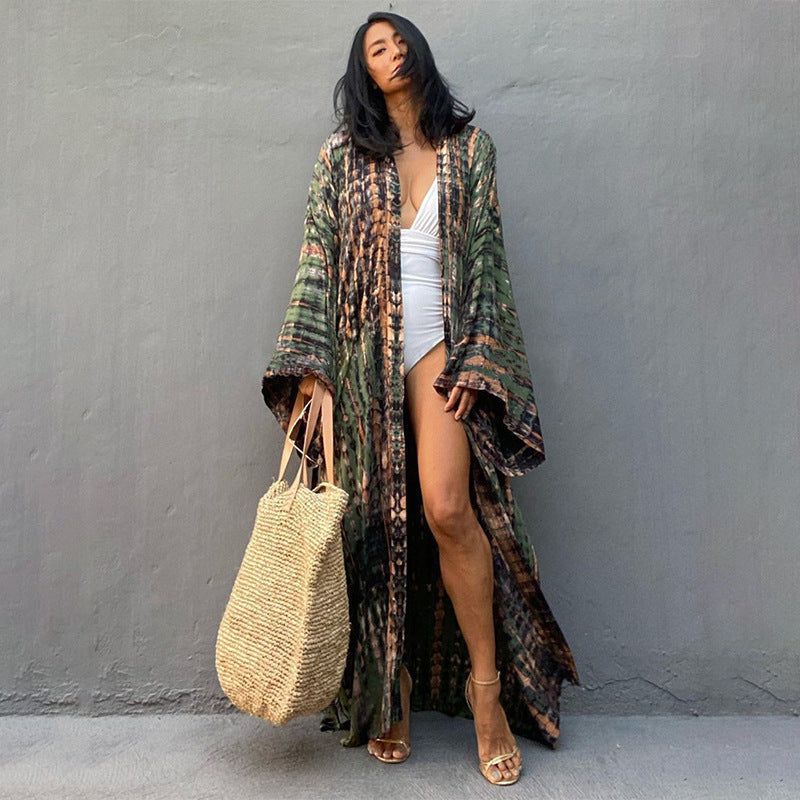 Rayon Printed Vacation Wide Sun Protection Shirt Beach Coat Beach Cover Up Swimsuit Outer Wear Long Cardigan EvenStar