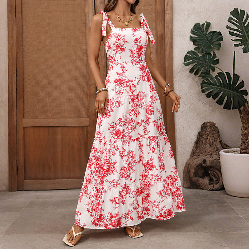 French Vacation Strap Retro Printed Large Swing Dress HUNDRED