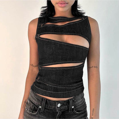 Summer Women Clothing Sexy Cutout Imitation Denim Vest Top for Women FREYA