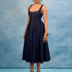 Women Denim Square Neckline Breasted Dress Dermal