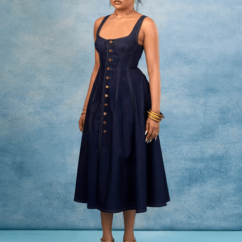 Women Denim Square Neckline Breasted Dress Dermal