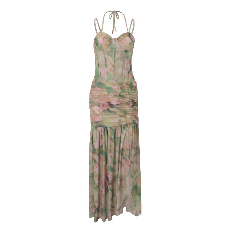 Vestido de verano para mujer, sexy, con tirantes finos y estampado floral, para vacaciones en la playa, cintura alta, adelgazante y abertura.