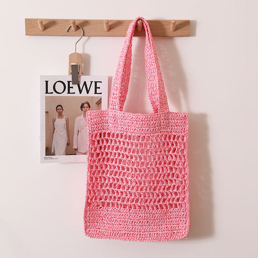 Bolso de paja con aberturas en el hombro, tejido coreano, de red de pesca, para playa y vacaciones en el mar. 