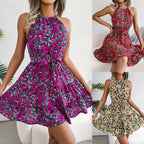 Spring Summer Casual Tied Lotus Leaf Large Swing Floral Dress Women Clothing BAGIISA