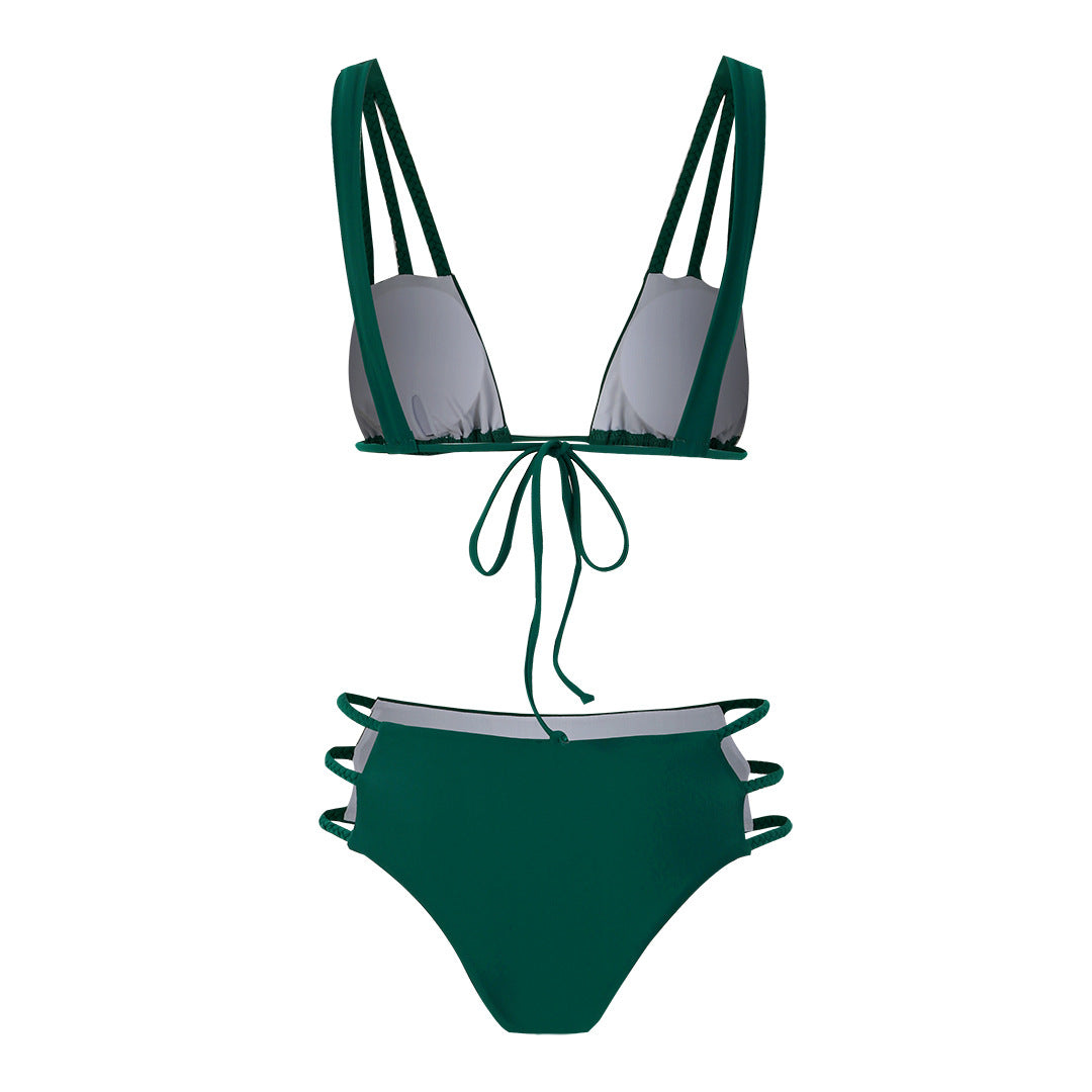 Bikini de cintura alta con abertura y cordones de color liso para mujer, traje de baño sexy