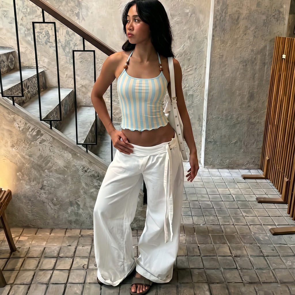 Summer Women Clothing Sexy Halter Beaded Backless Slim Fit Striped Printed Vest Top YIMAIL