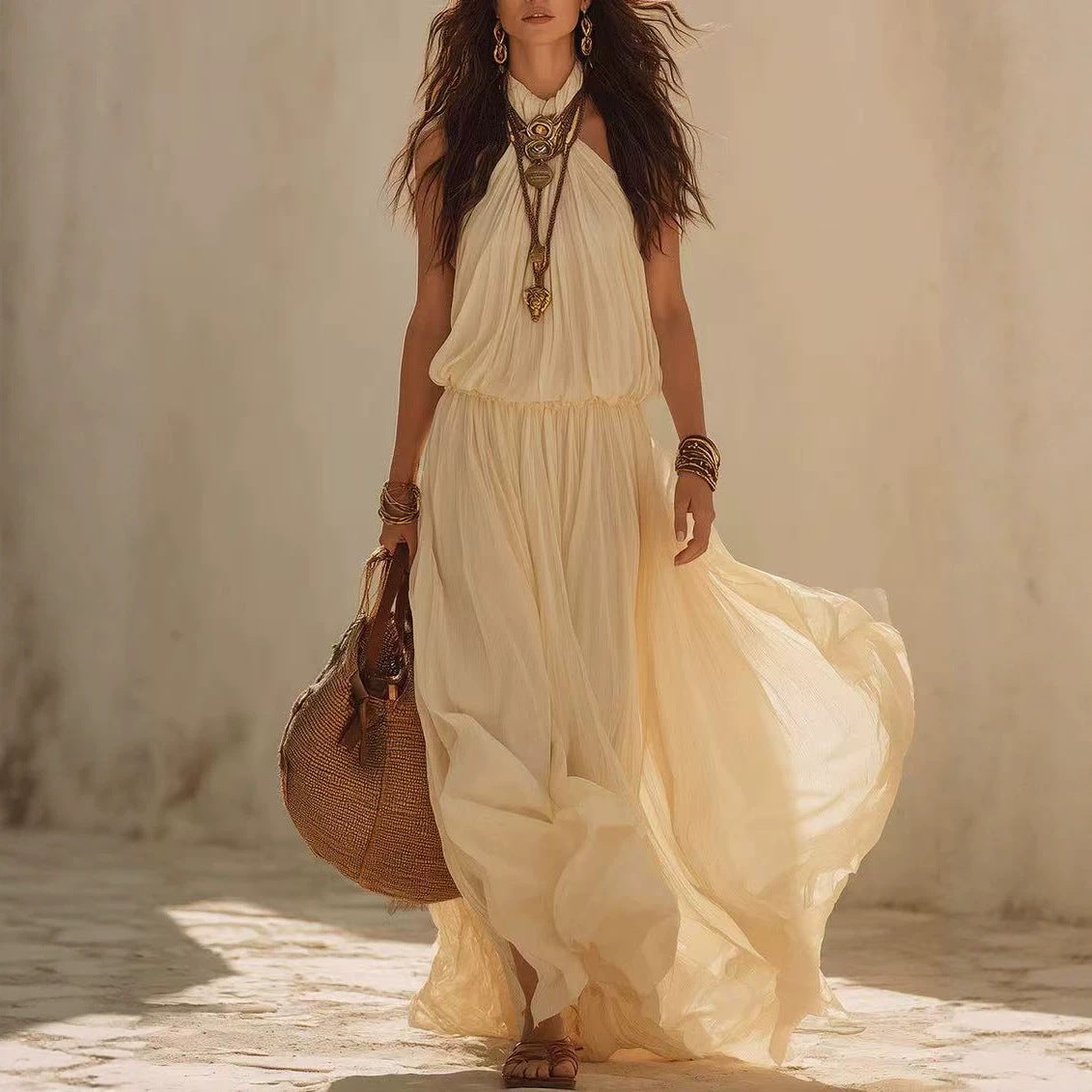 Bohemian Halter Waist Dress Casual Vacation Sleeveless Elegant Dress Venly