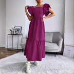 Women Clothing Ruffled A line Dress off Neck Flying Sleeves Solid Color Long Dress DREAMCHIN
