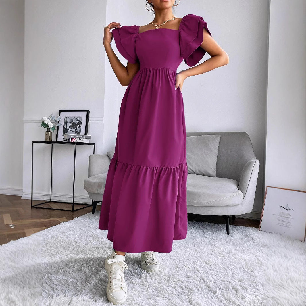 Women Clothing Ruffled A line Dress off Neck Flying Sleeves Solid Color Long Dress DREAMCHIN