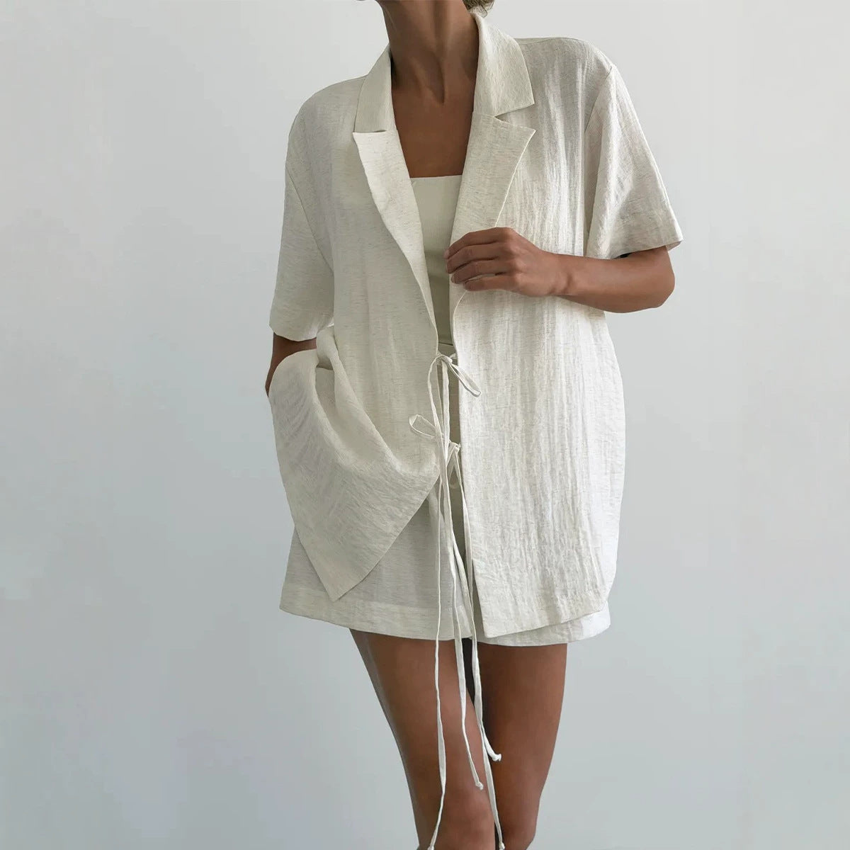 Shirt Outfit Summer Elegant Lazy Collared Tied Shirt Shorts Two Piece Sets BlueLine