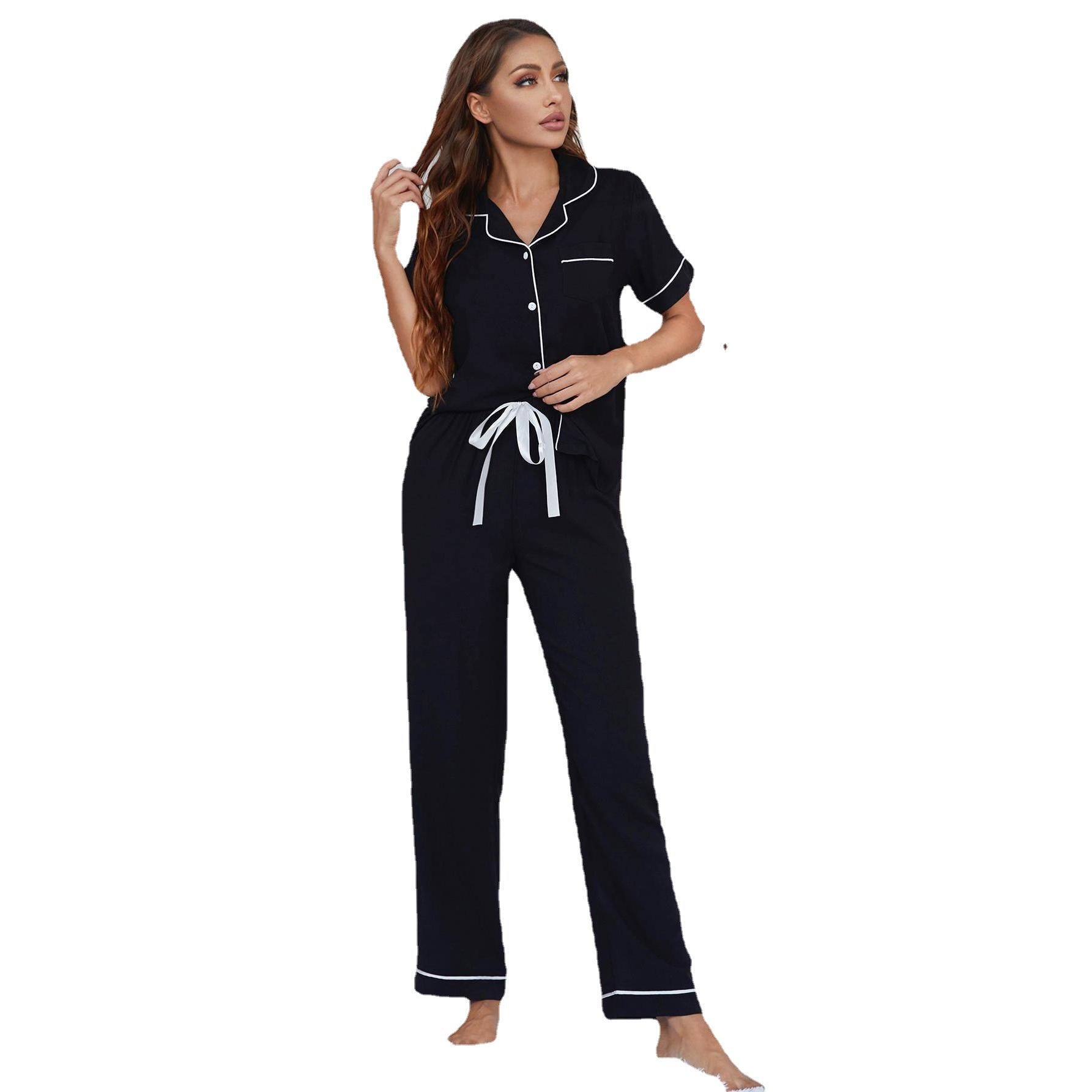 Pajamas Solid Color Buttons Short-Sleeved Trousers Women Home Wear Two-Piece Suit Hiken