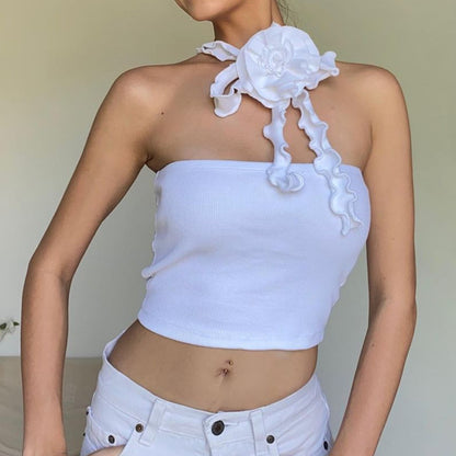 Spring Sexy French Three Dimensional Floral Ribbon Halter Stitching Tube 3D Rose Top Vest for Women