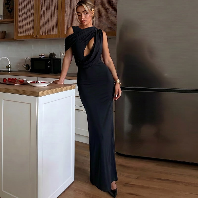 French Hollow Out Cutout Sheath Sleeveless Elegant Sexy Dress Summer Slim Solid Color Maxi Dress BULLINGER