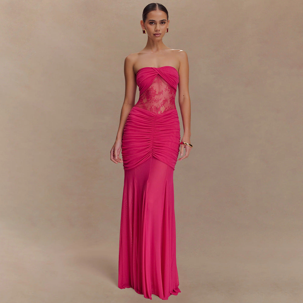 Summer Sleeveless Tube Top Dress Sexy Pleated Hollow Out Cutout Slim Dress for Women HLZYCS