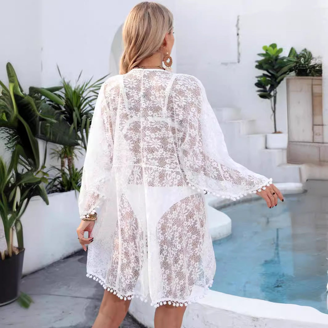 Women Clothing Irregular Asymmetric Cardigan Sexy See through Lace Shirt Lace up Beach Sun Protection Coat Oyimi