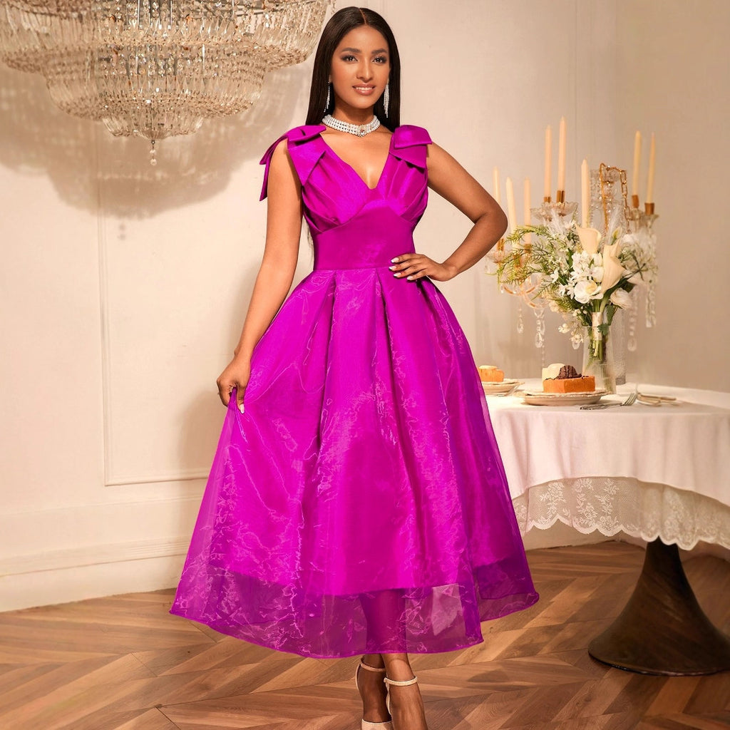 Robe sexy sans manches à col V et nœud papillon, taille haute, coupe ajustée, élégante robe de soirée