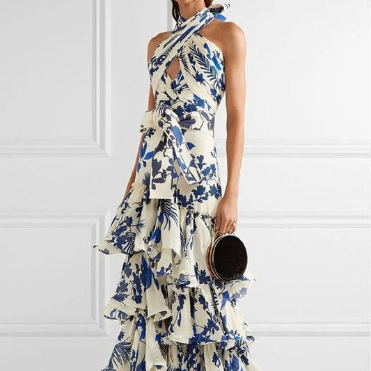 Summer Bohemian Holiday Lace up Lolita Large Swing Dress Printed Dress