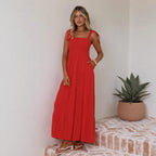 Women Summer Shoulder Lace up Pocket Long Patchwork Dress VIVIAN