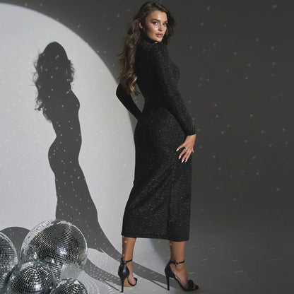 Women Clothing Autumn round Neck Slim Fit Slit Bright Color Dress