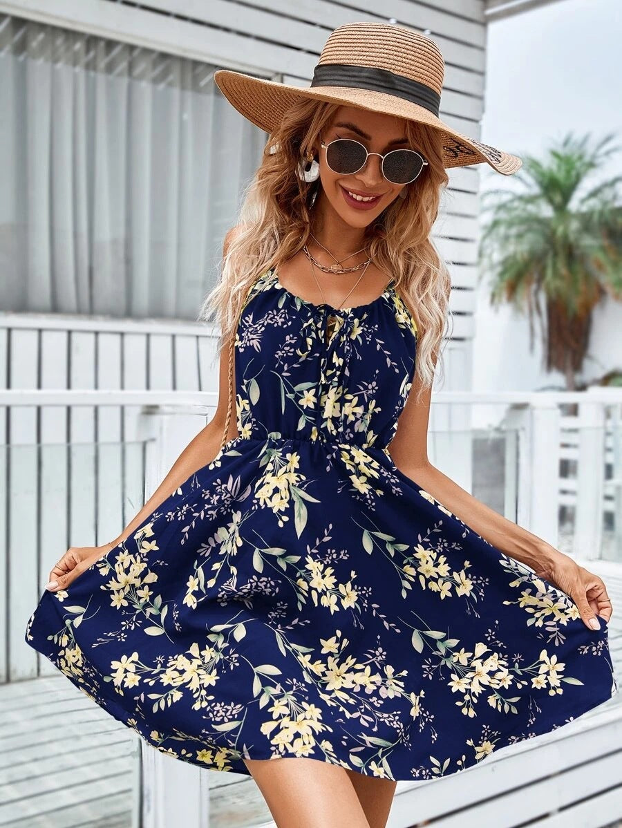 Summer Elegant Sleeveless Dress Pullover Print Elastic Waist Slip Dress Women AXE