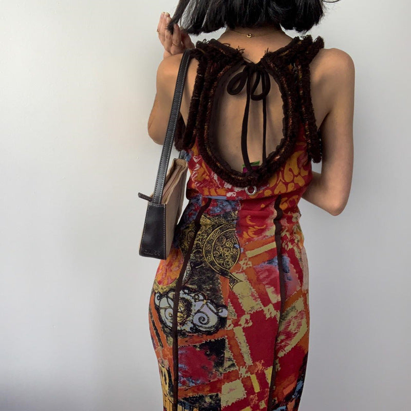Women Clothing Summer Retro Tie Dyed Printed Sexy U Collar Slim Dress Maxi Dress Burgatti