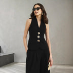 Women Elegant Solid Color V neck Sleeveless Vest High Waist Wide Leg Pants Set Rogan