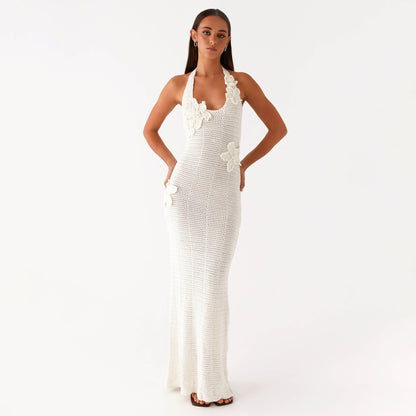 Sexy Hollow Out Cutout Floating Floral Halter Backless Sleeveless Casual Vacation Beach Dress