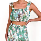 Women Clothing Retro Sleeveless Short Corset Spaghetti Strap Floral Print High Waist Skirt Two Piece Set for Women XINXI