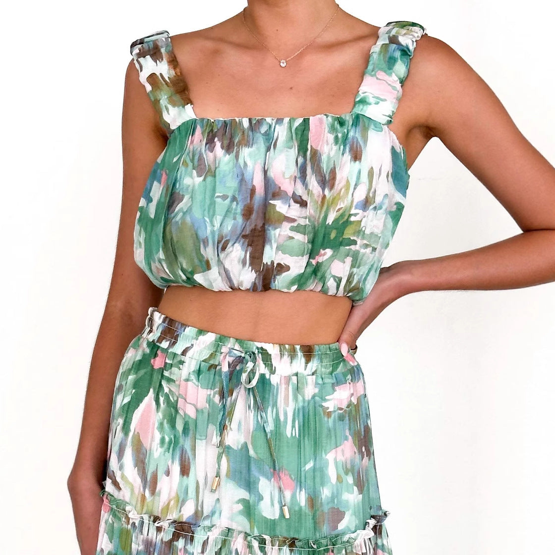 Women Clothing Retro Sleeveless Short Corset Spaghetti Strap Floral Print High Waist Skirt Two Piece Set for Women XINXI