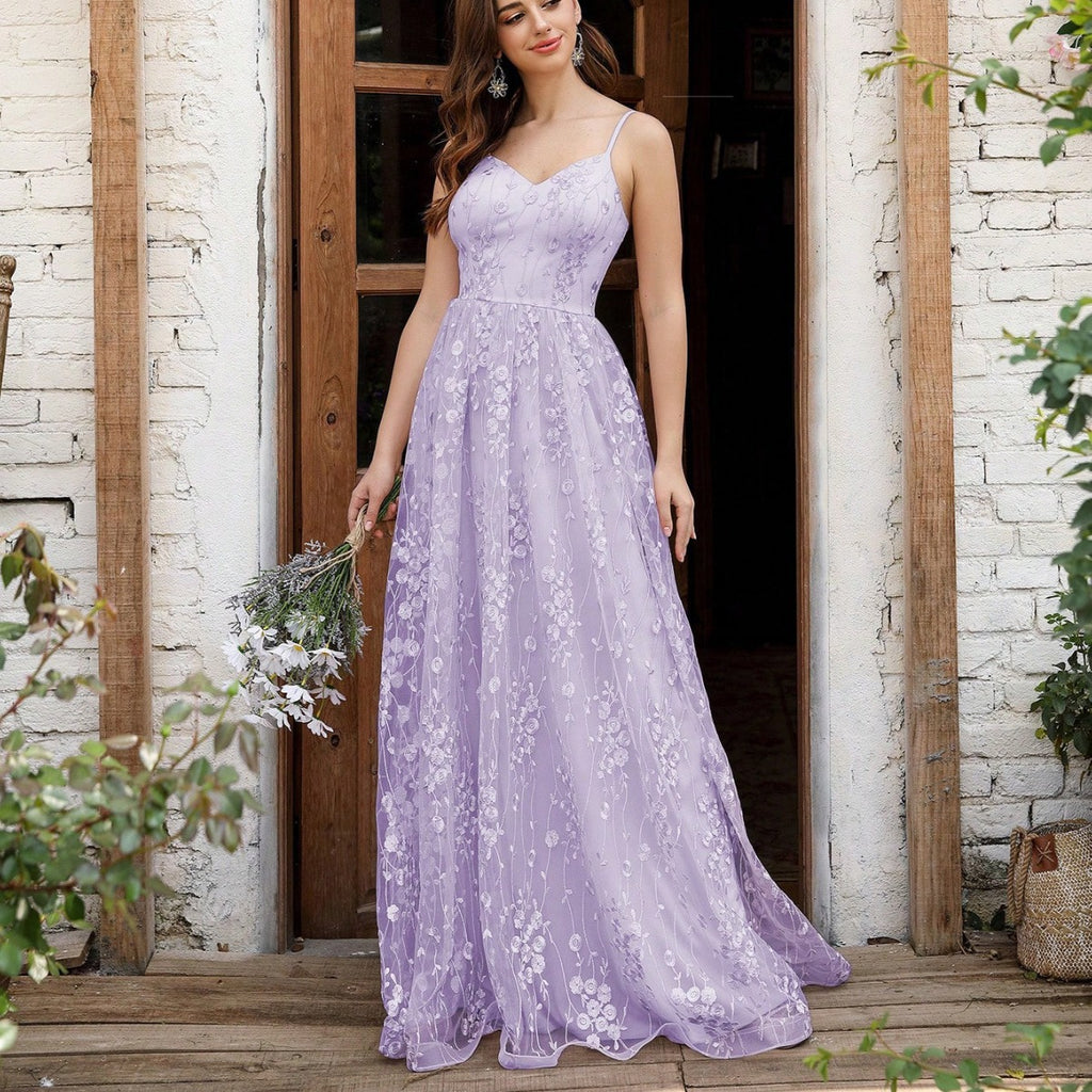 V neck Strap Evening Dress Mesh Embroidered Backless Elegant Evening Dress Dance Dress Party Dress Bridesmaid Dress JoyEase
