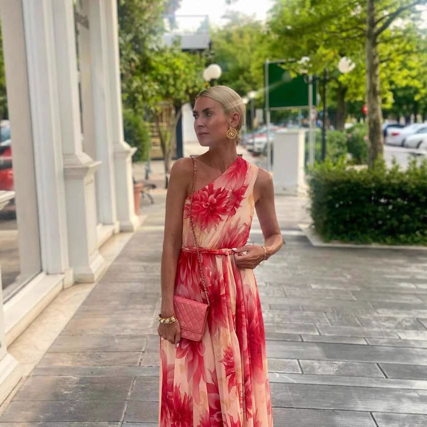 Summer Shoulder Waist-Controlled Lace up Wide Hem Printed Dress Women Zemy