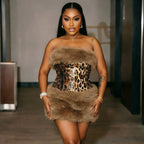 Autumn Winter Furry Stitching Leopard Print Sequined Sexy Tube Top Short Sleeveless Dress Business Cocktail HONEYBADGER