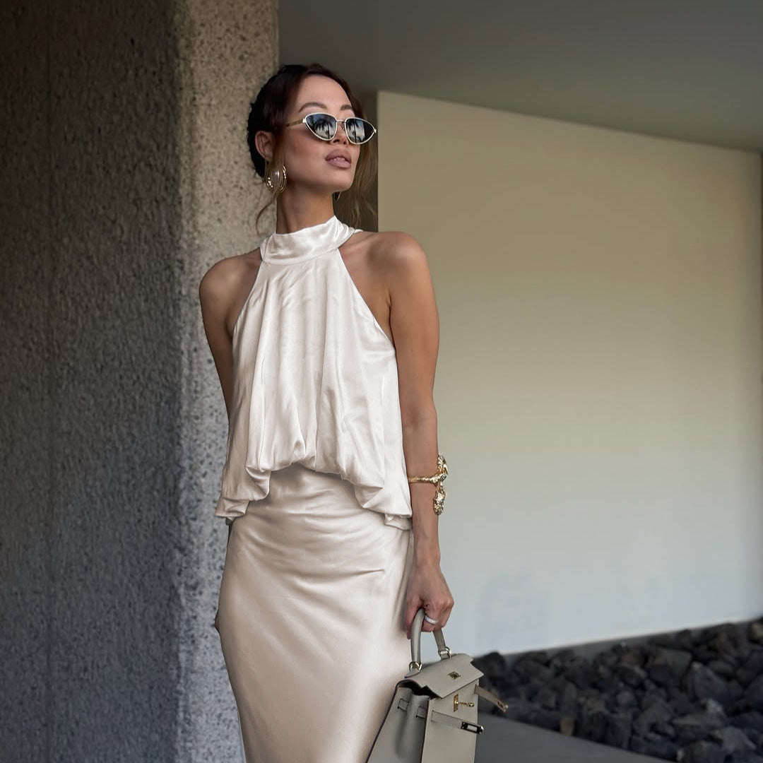 Satin Light Luxury Design Apricot Halter Lace up Backless Slim Fit Sleeveless Women Summer Dress FOREVEREIGHTEEN