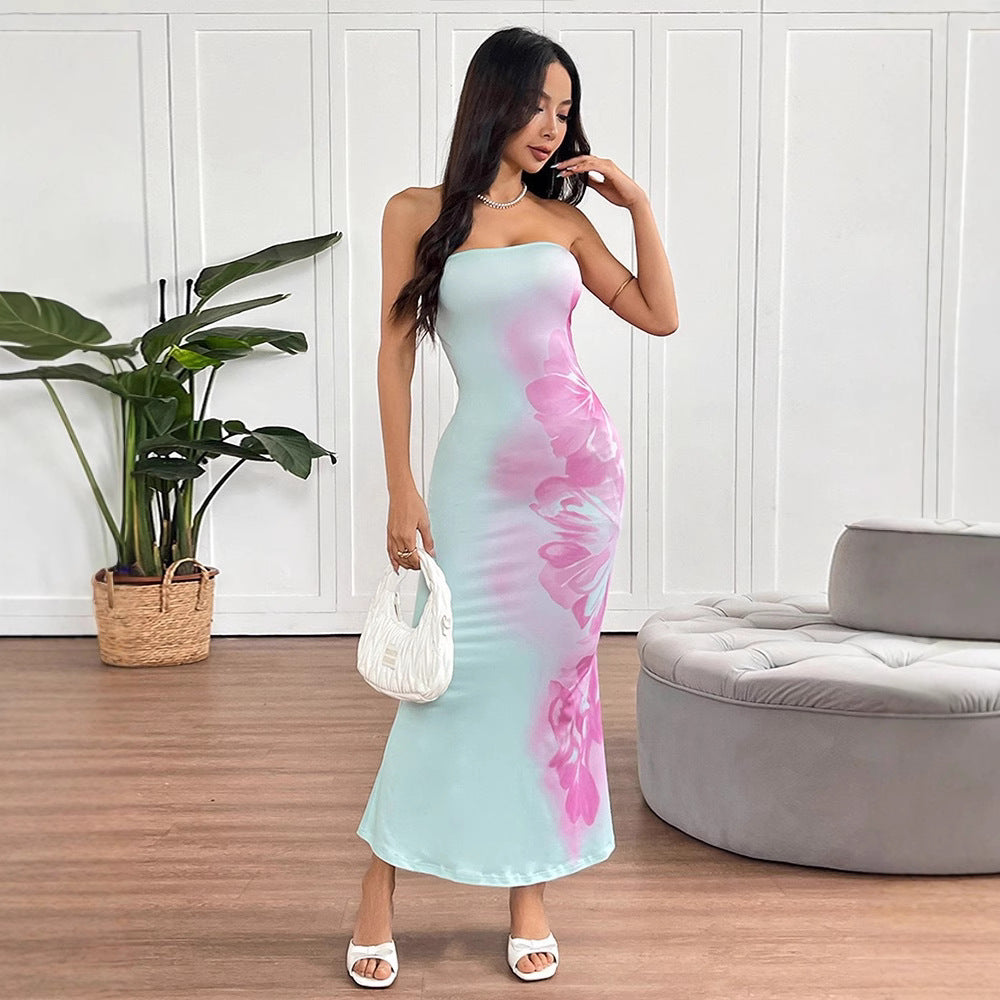 Vestido de verano sexy con escote bandeau, corte entallado, estampado en contraste de colores y espalda descubierta para mujer