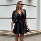 Women Clothing Summer French Puff Sleeve High Waist A line Dress Sexy V neck Waist Black Dress Kigali