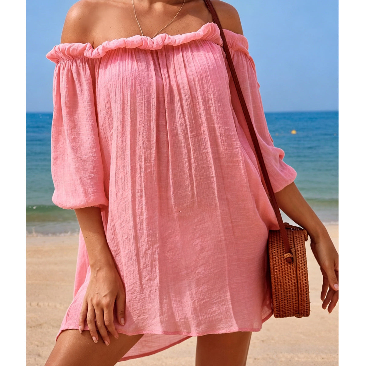 Robe d'été épaules dénudées ample en coton froissé, paréo de plage, vacances au bord de la mer, robe courte demi-manches pour femme