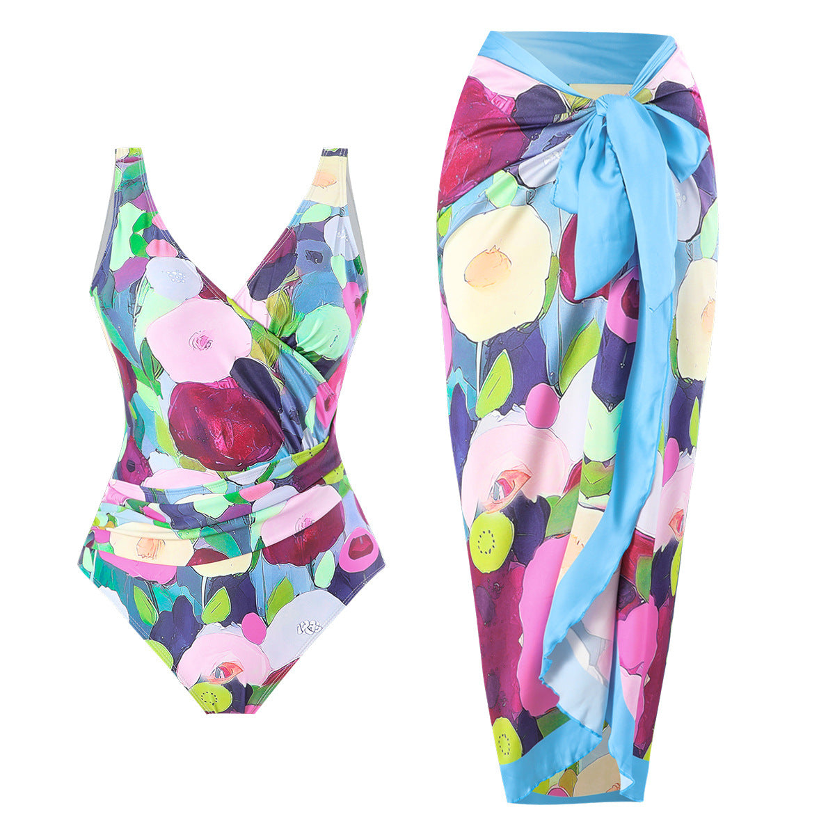 Maillot de bain deux pièces croisé couvrant le ventre, imprimé, dos nu, robe fourreau
