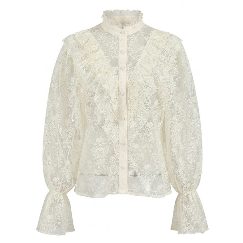 Women Commuting Wear Summer Lace Jacquard See through Puff Sleeve Wooden Ear Long Sleeve Zipper Shirt Cardigan Design Blouse FOREVEREIGHTEEN