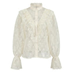 Women Commuting Wear Summer Lace Jacquard See through Puff Sleeve Wooden Ear Long Sleeve Zipper Shirt Cardigan Design Blouse FOREVEREIGHTEEN