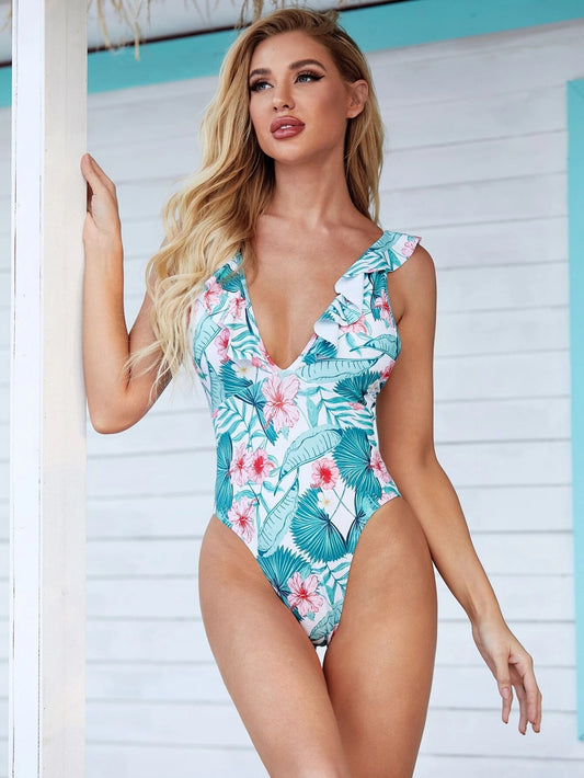 Traje de baño de bikini triangular con borde volador y hojas de loto para mujer