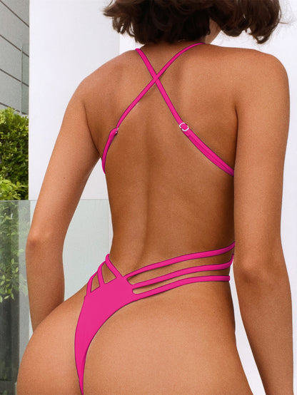 Chic Double One Piece Swimsuit Solid Color Bikini Swimsuit Women Backless Swimsuit Sexy Bikini