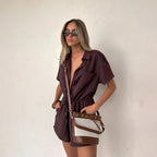 Shirt Collar Solid Color Waist Tight Short Sleeve Romper for Women Casual