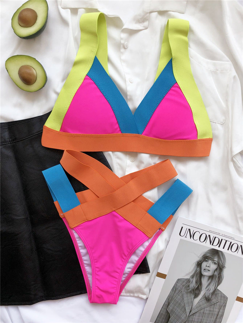Color Bandage Bikini Sexy Highly Stretch Contrast Color Swimsuit Triangle Bag Swimsuit DAAI