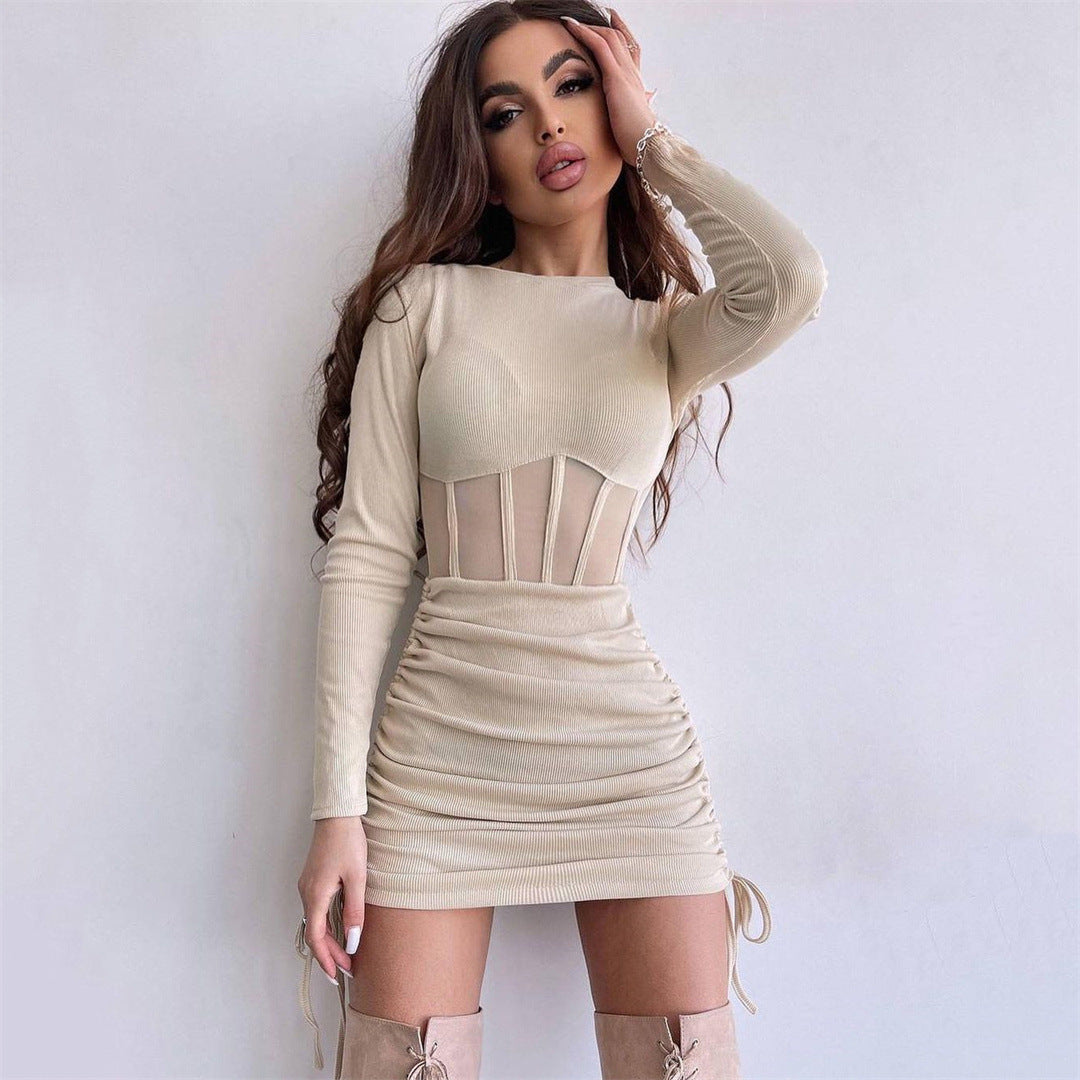 Mesh Hollow Out Cutout Waist Dress for Women Spring Summer Women Wear round Neck Sexy Long Sleeve Pleating Short Dress for Women BESSY