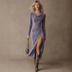Elegant Velvet Long Sleeve Dress Pile Collar High Slit Tight Dress Venly