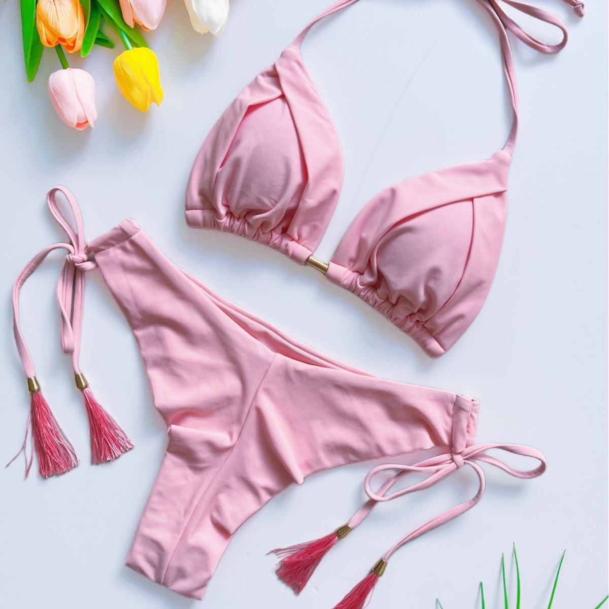 Conjunto de bikini de color liso con borlas para mujer, traje de baño sexy para playa