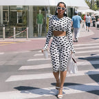 Summer Women Polka Dot Print Long Sleeve Short Top Sexy Slim Fit Fifth Pants Set Dores