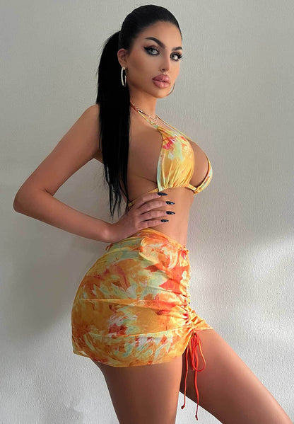 Swimsuit Three Piece Set Printed Sexy Lace Up Bikini Hip Skirt Bikini Swimsuit