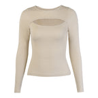 Women Clothing Autumn Winter Chest Hollow-out Long-Sleeved Top Sexy Stretch Rib T-shirt for Women George