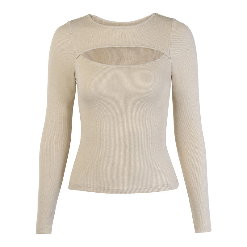 Women Clothing Autumn Winter Chest Hollow-out Long-Sleeved Top Sexy Stretch Rib T-shirt for Women George